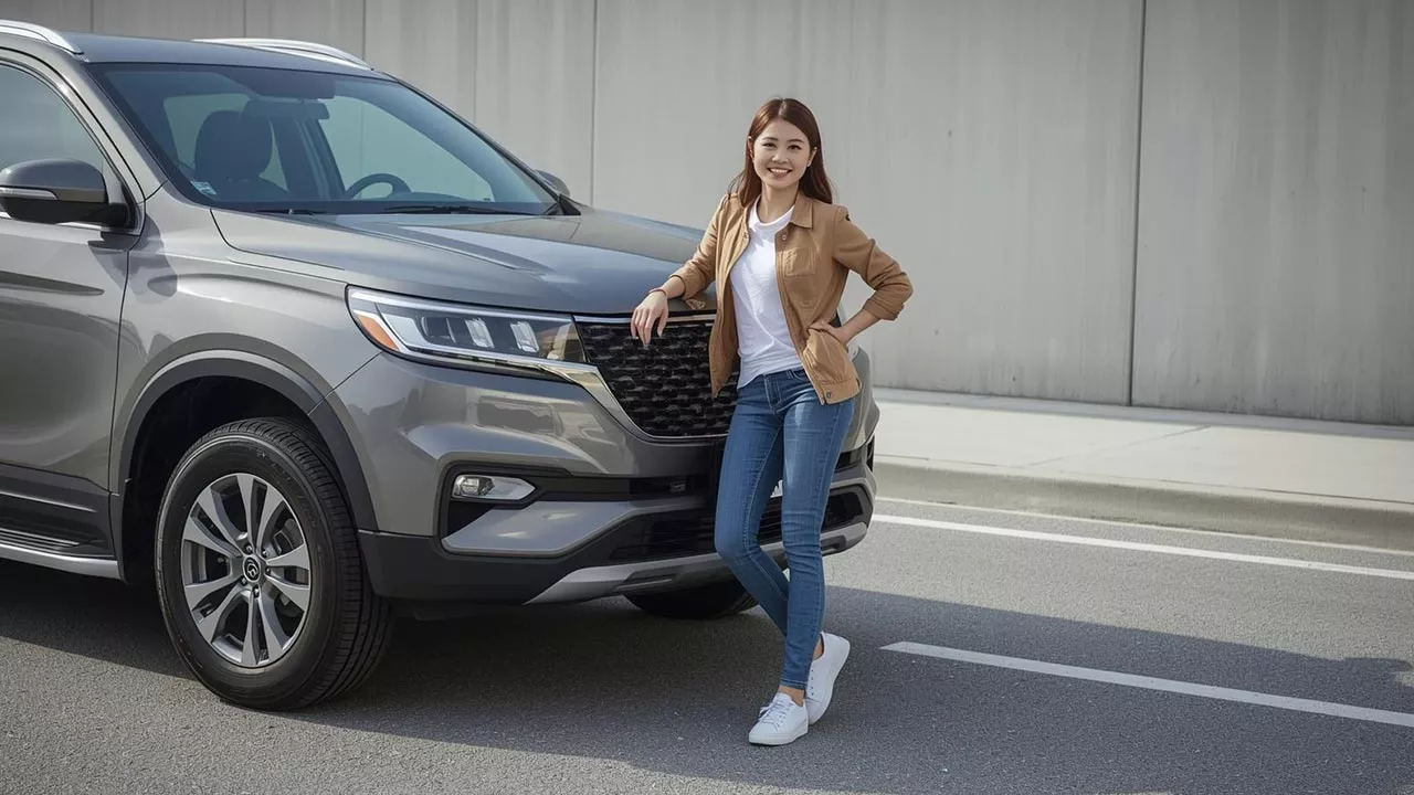 A girl stands beside the car enjoying the moment