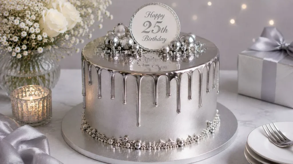 metallic-silver-drip-cake