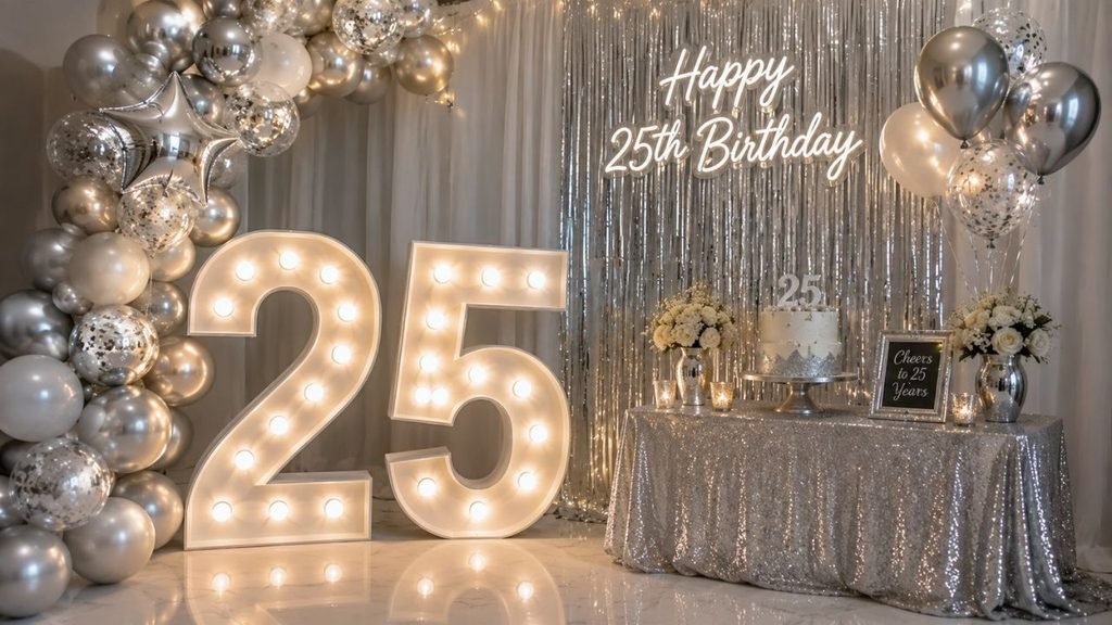 silver-number-25-birthday-decoration-with-balloons-and-cake